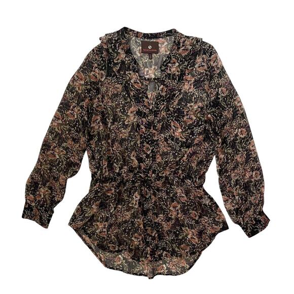 Heartloom Tops - Heartloom Tie-Waist Semi-Sheer Blouse - Black Peach Cream V-Neck - Size S